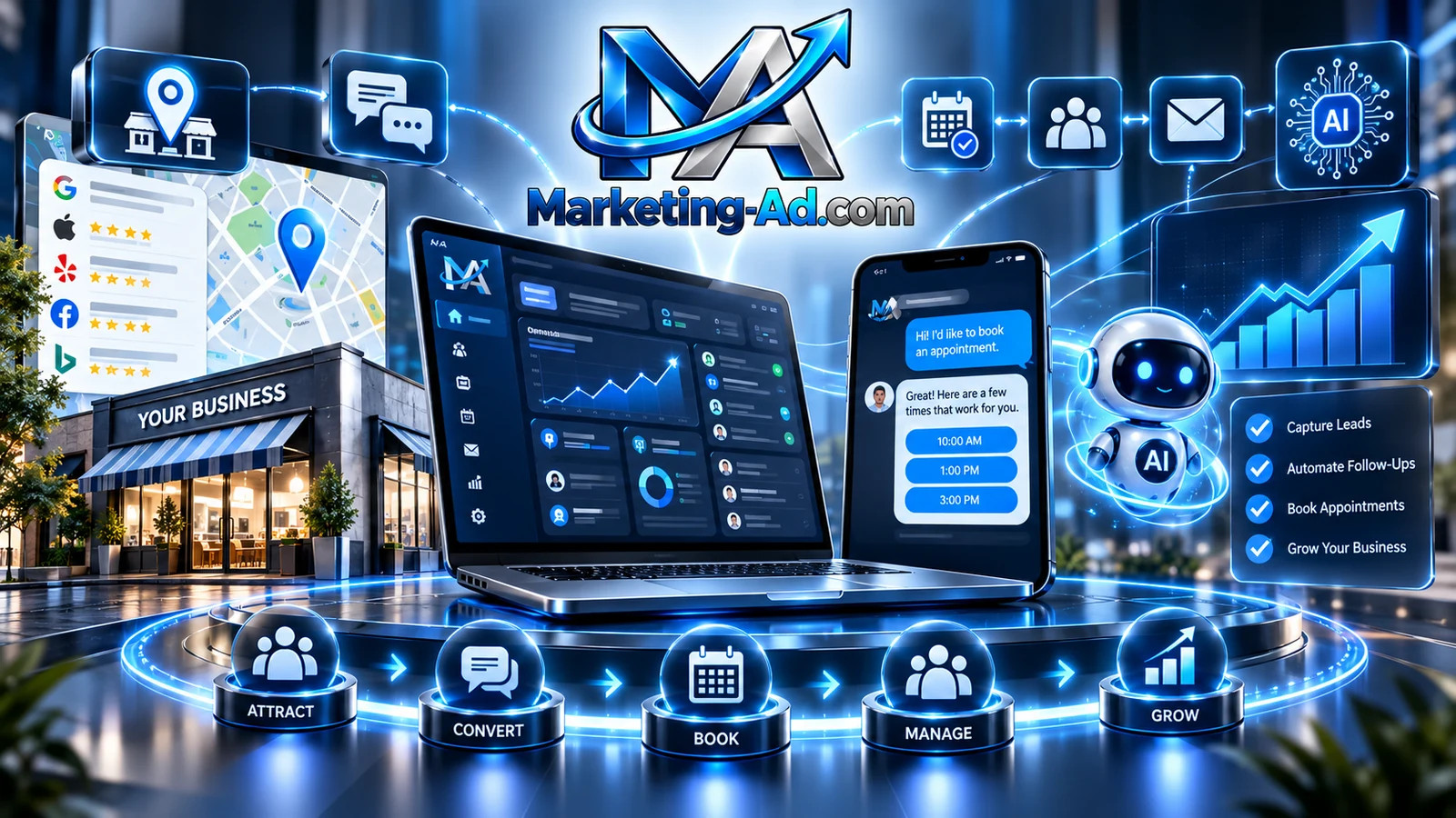 Illustration of Marketing-Ad.com business profiles, CRM, customer messaging, bookings and lead management